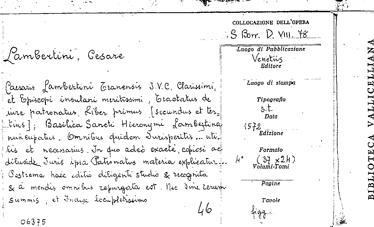 Biblioteca Vallicelliana - Catalogo per autori e titoli - KIRCH-MAURY -  Lambertini, Cesare - I cataloghi storici digitalizzati dell'ICCU